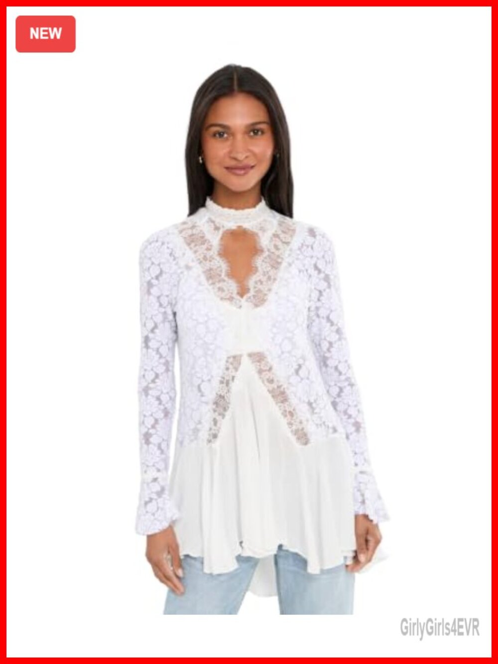 First Crush Lace Tunic Top Drop Waist High Low Hem Mock Neck Long Sleeve